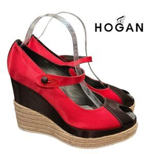 NEW Hogan Women's Red Brown Espadrille Platform Wedge Open Toe Sandals 39